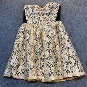 Brand New Minuet Womens Large Champagne Black Floral Lace Mini Cocktail Dress